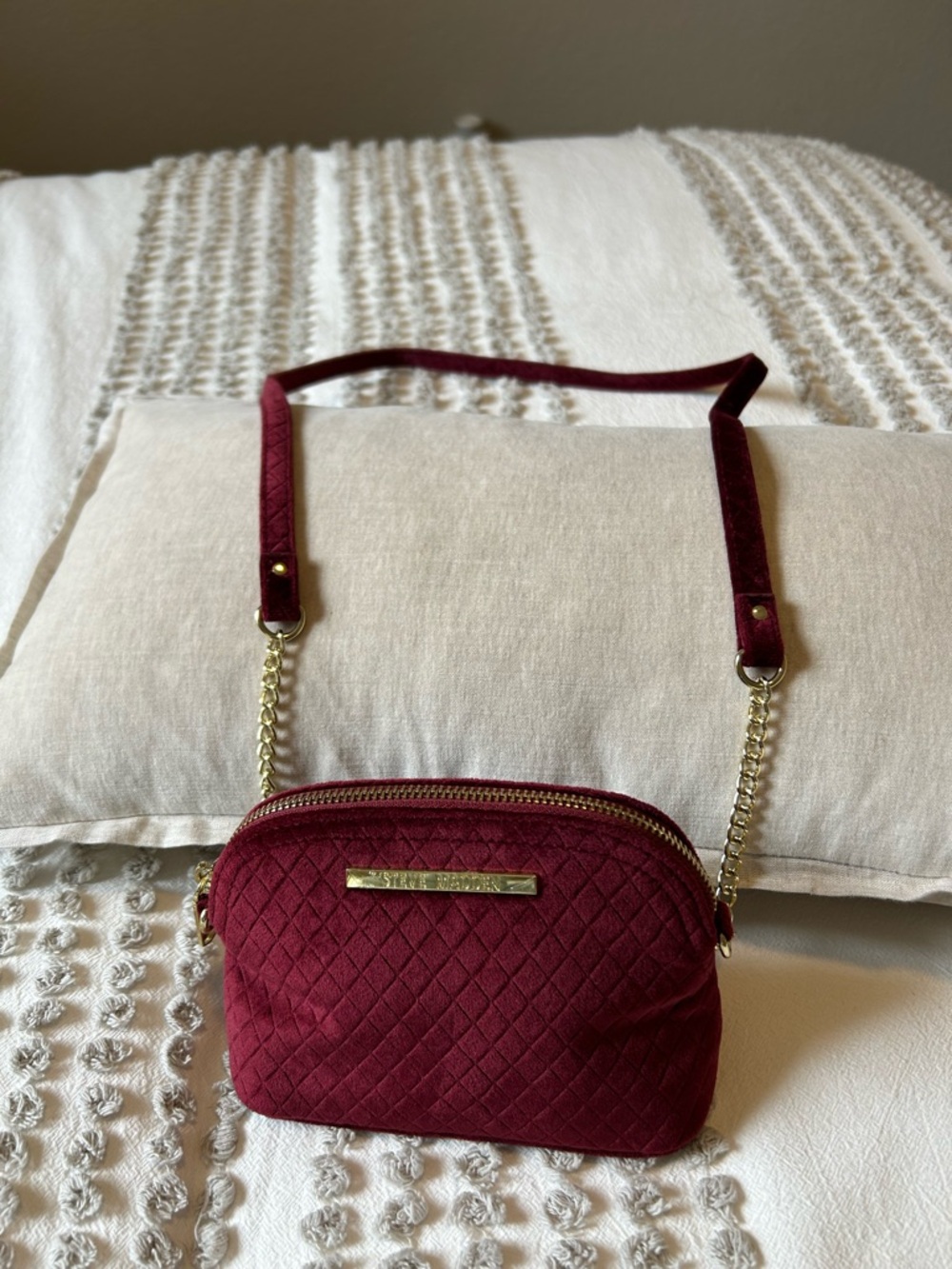 Steve Madden Quilted Wine Crossbody with Gold Chain